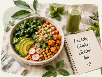 Colorful nourishing bowl with greens, chickpeas and avocado